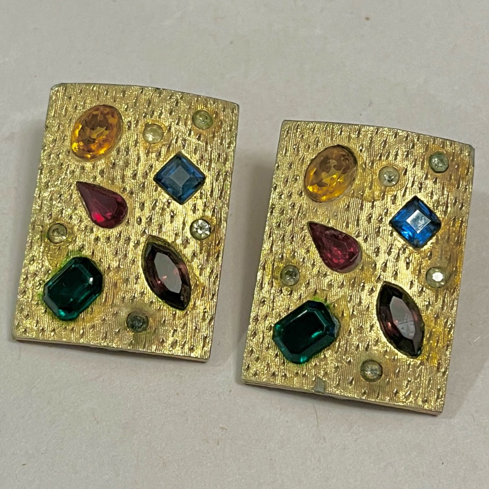 Vintage Large Gold Rhinestones Modernist Designer Runway clip earrings Statement